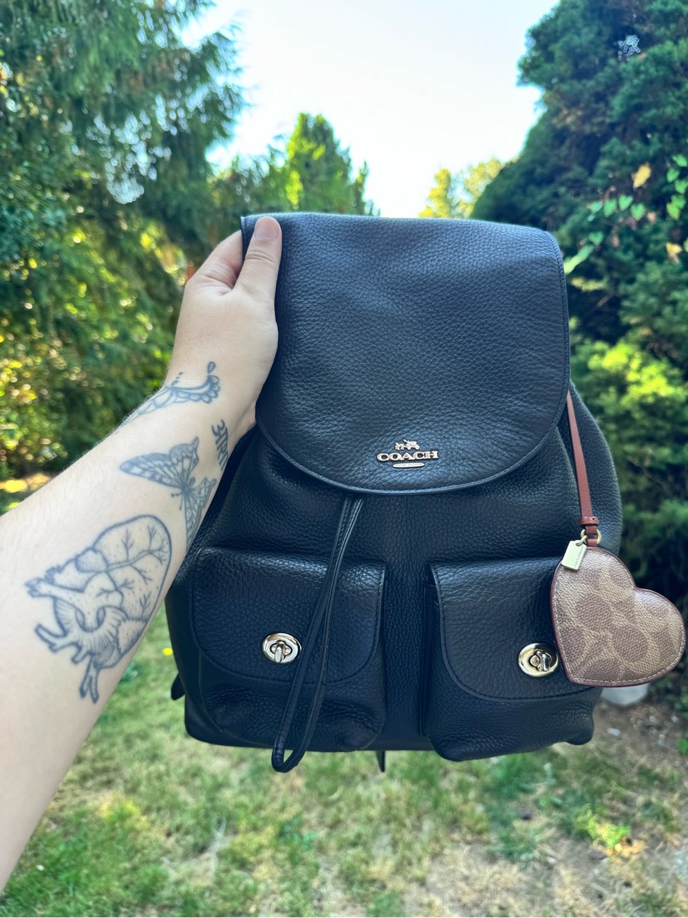 Coach Black Pebbled Leather Billie Backpack w/ signature C print scarf and charm